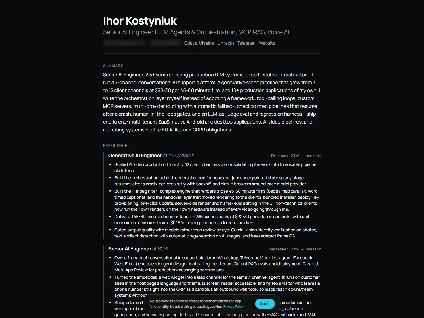 Published CV page: name, headline, summary, experience and skills