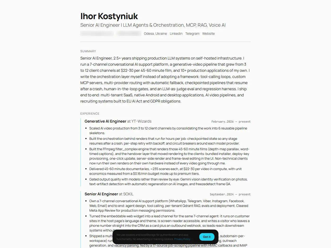 Published CV page: name, headline, summary, experience and skills